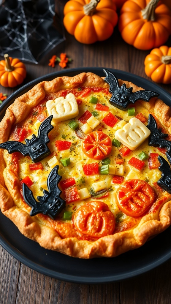 A spooky Halloween quiche with colorful filling and bat-shaped pastry cutouts on a dark plate surrounded by Halloween decorations.